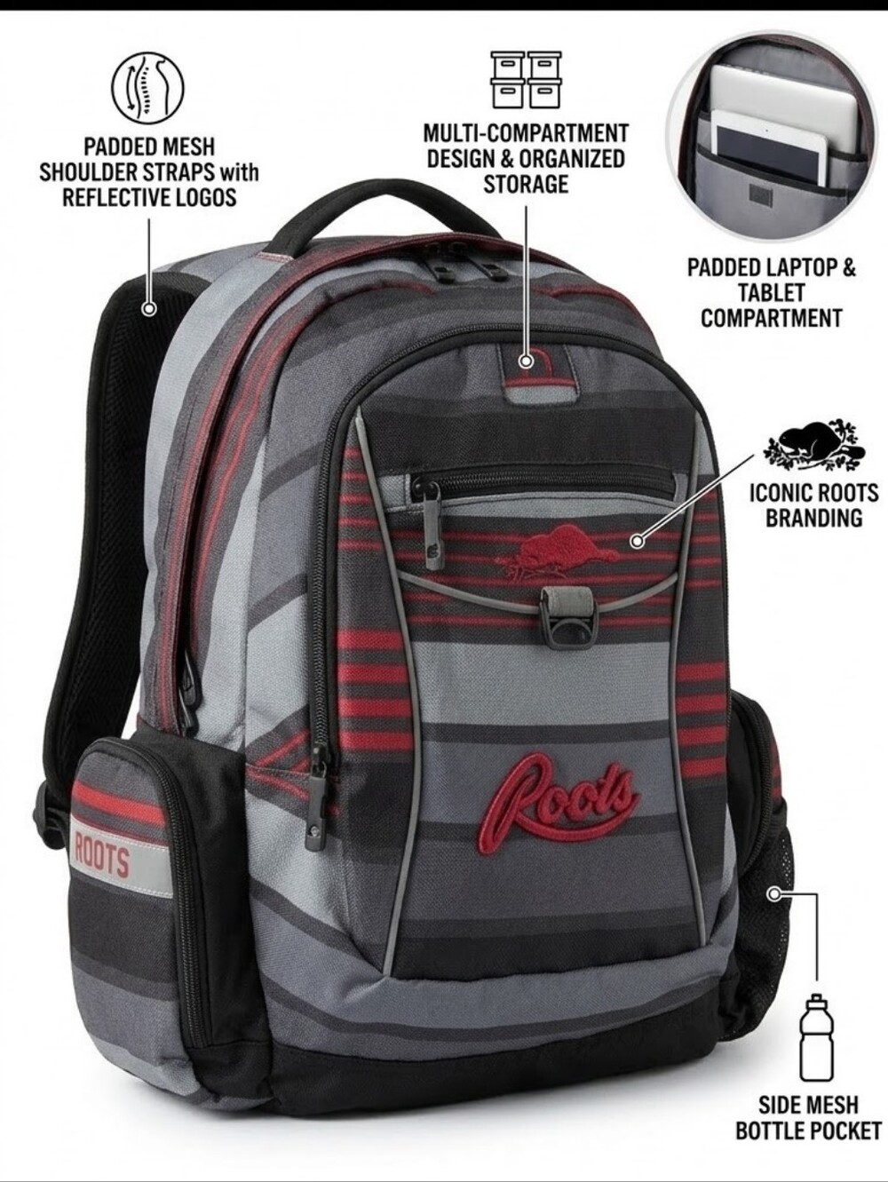 Roots Striped Backpack Black Grey Red Multi-Pocket Laptop Travel Bag